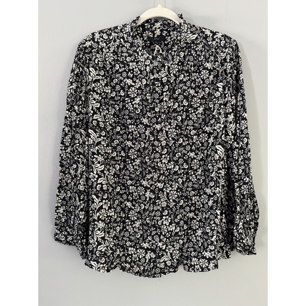 NWT J.Crew‎ Point Sur XXL Blossom Print Silk Popover Blouse Black Long Sleeve